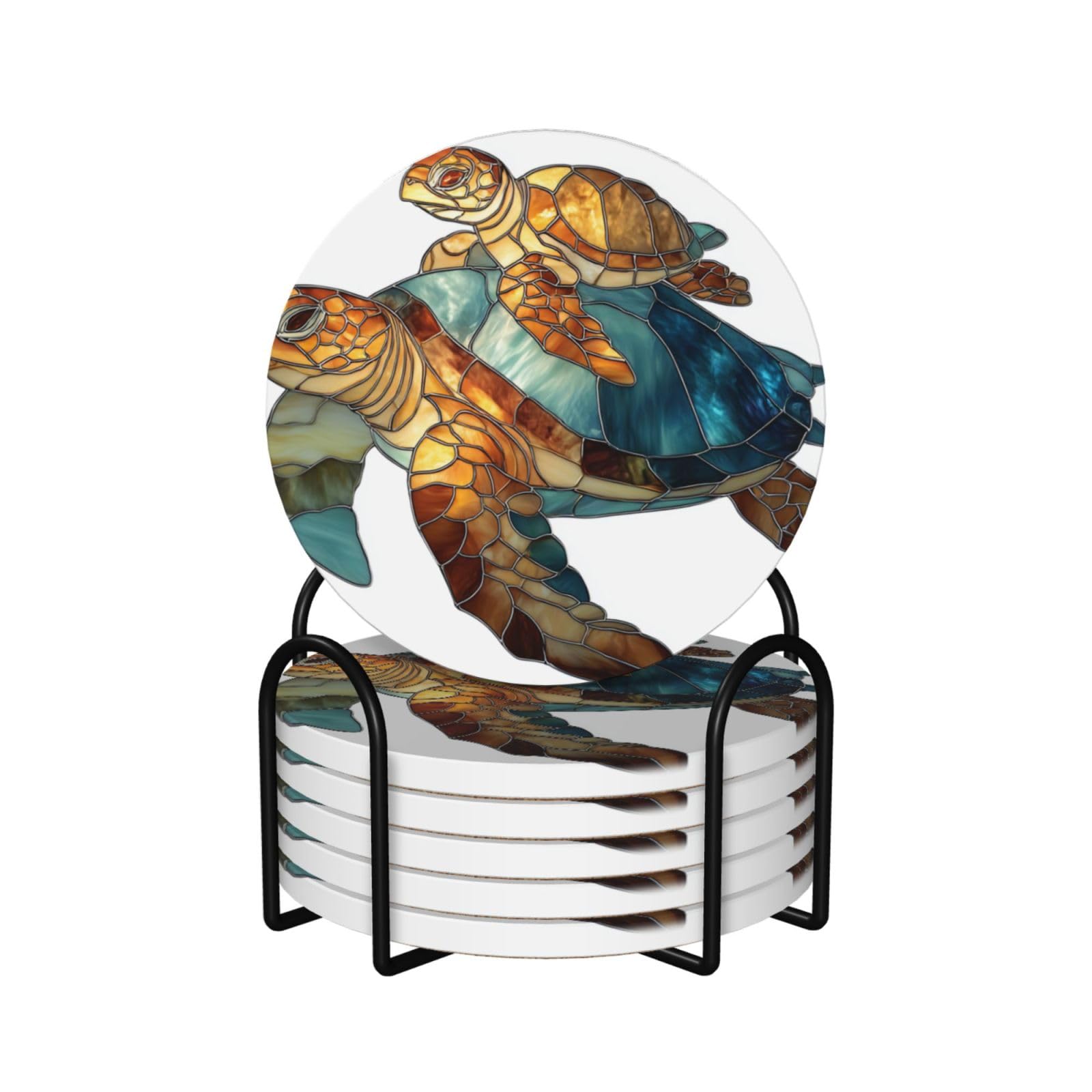 Stained Glass Two Cute Sea Turtle Ceramic Coasters with Holder 6ps
