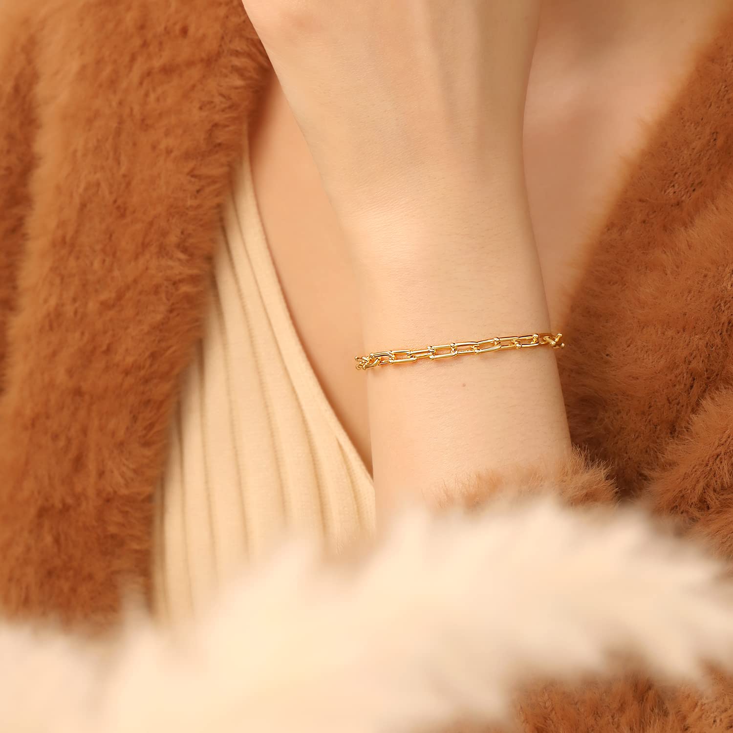 Meissa Bracciale a catena con graffetta in argento 925 Catena pieghettata d'oro fatta a mano Catena a graffetta Yello in oro puro riempita di brillantini Bracciale regolabile per donna, Oro