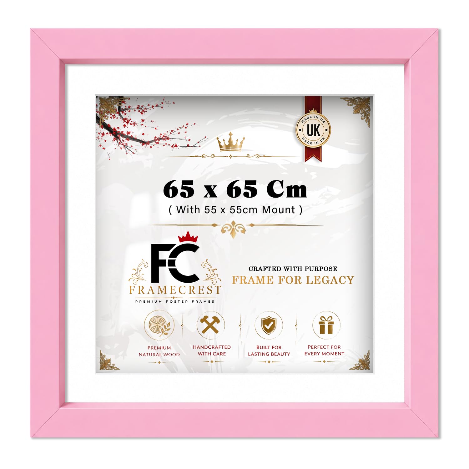 FRAMECREST LTD - 65 X 65 CM Picture Frame With 55 X 55 CM White Mount, MDF Wood Square Photo Frame With Clear Acrylic Front, Both Ways Wall Hanging Hooks — Modern Office Wall Decor - [Pink]