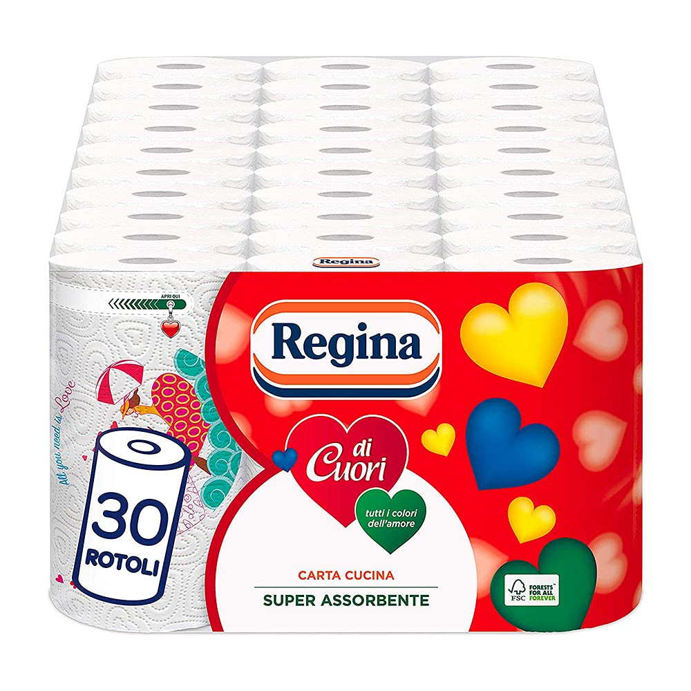 Regina di Cuori Carta Cucina | Confezione da 30 Rotoli a 2 veli | 50 fogli per rotolo | Grande Assorbenza, Spessa e Resistente | Carta 100% certificata FSC® 1 unità (Confezione da 30)