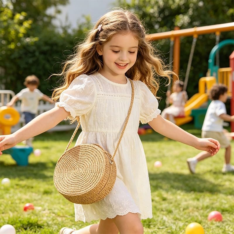 Kids Round Straw Crossbody Bag - Woven Mini Shoulder Purse for Girls, Casual Summer Handbag