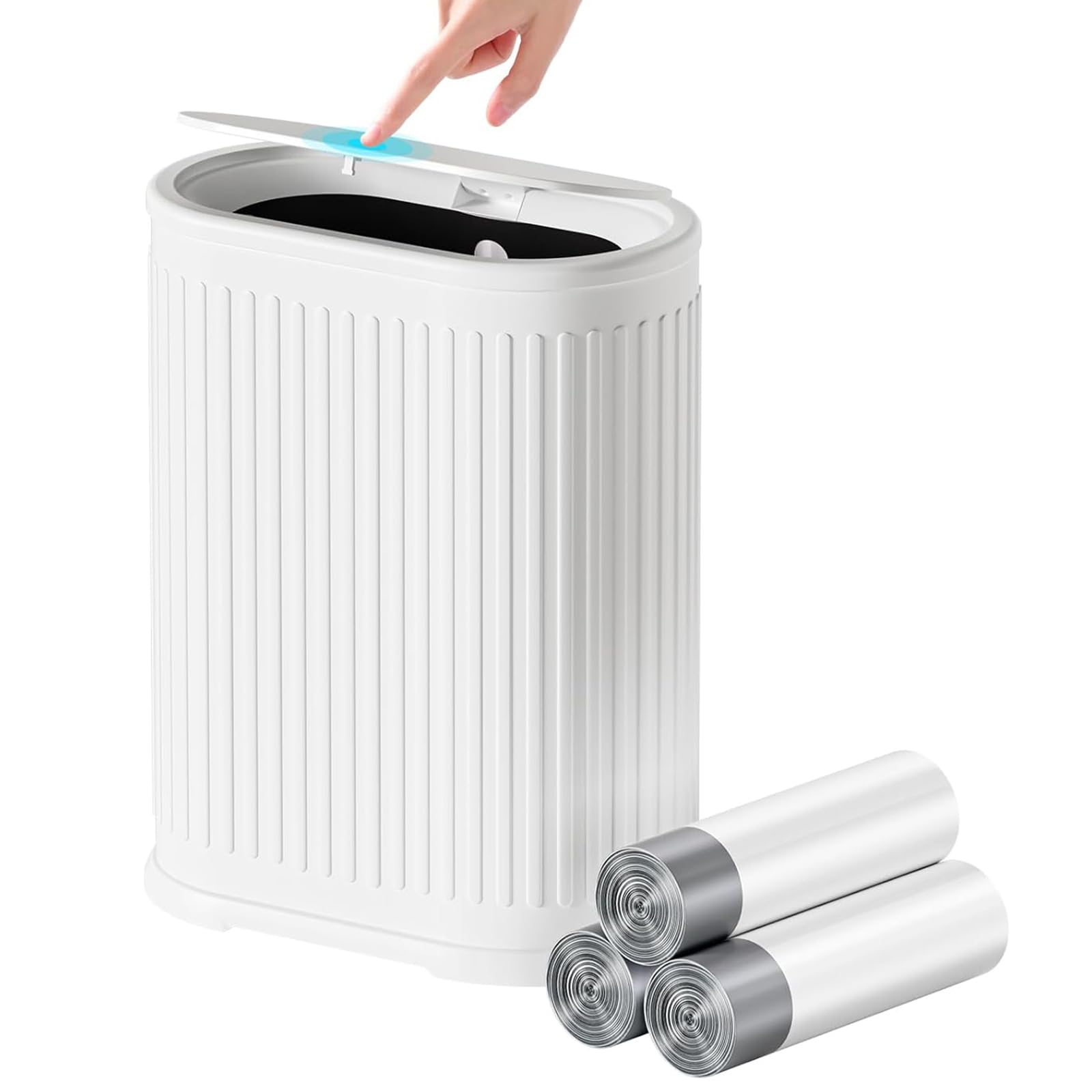 1 8 Gallon Bathroom Trash Can with Lid Press-Top Small White Stainless Steel Garbage Can with Removable Inner