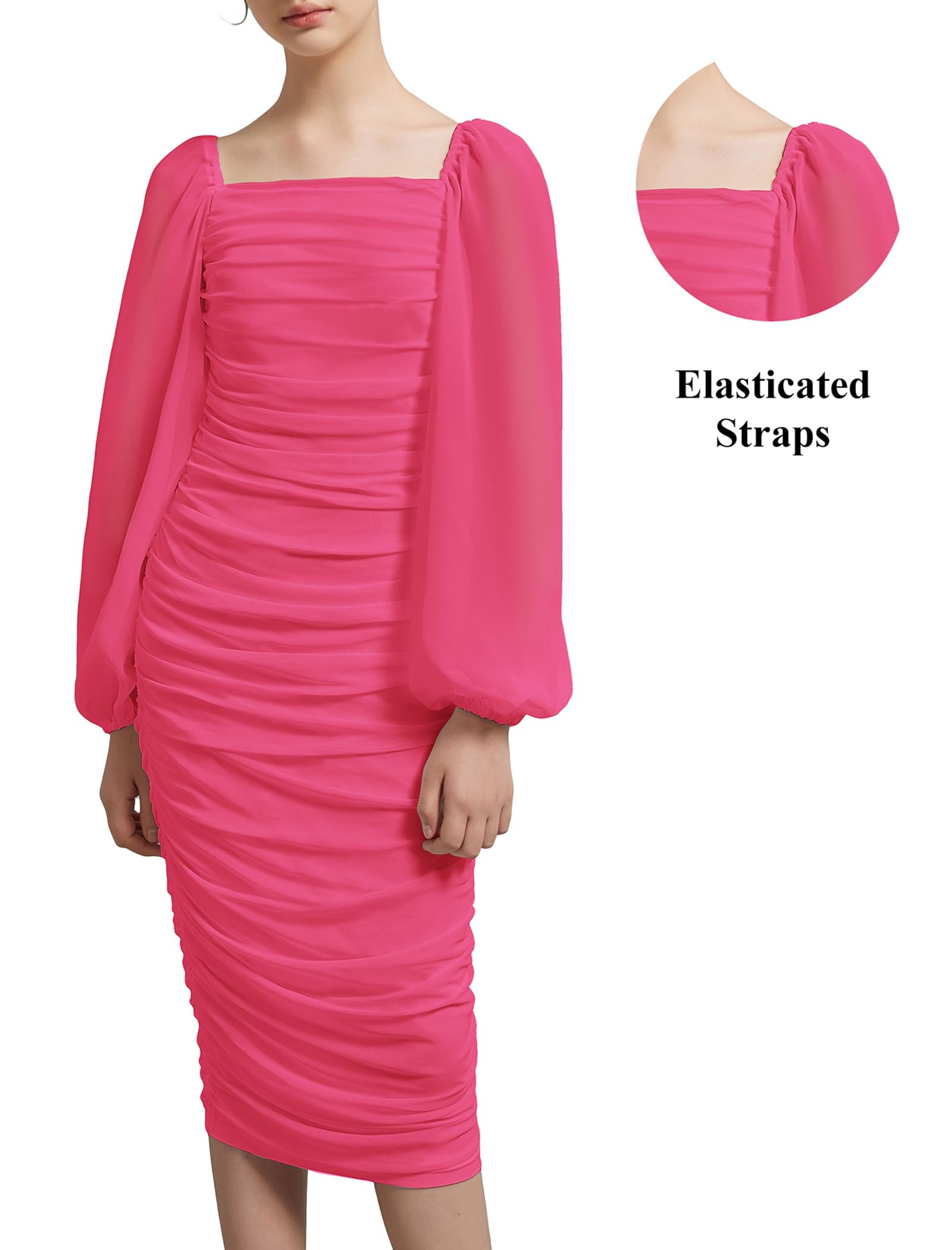 EXARUS Vestido entallado fruncido para niñas, para adolescentes, graduación, boda, fiesta, gasa, manga farol, vestido largo por debajo de la rodilla