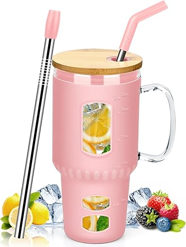 Vaso de vidrio de 32 onzas con tapa de bambú y pajilla, taza de batido, taza de café helado con asa, dos popotes, popote Boba y popote para beber