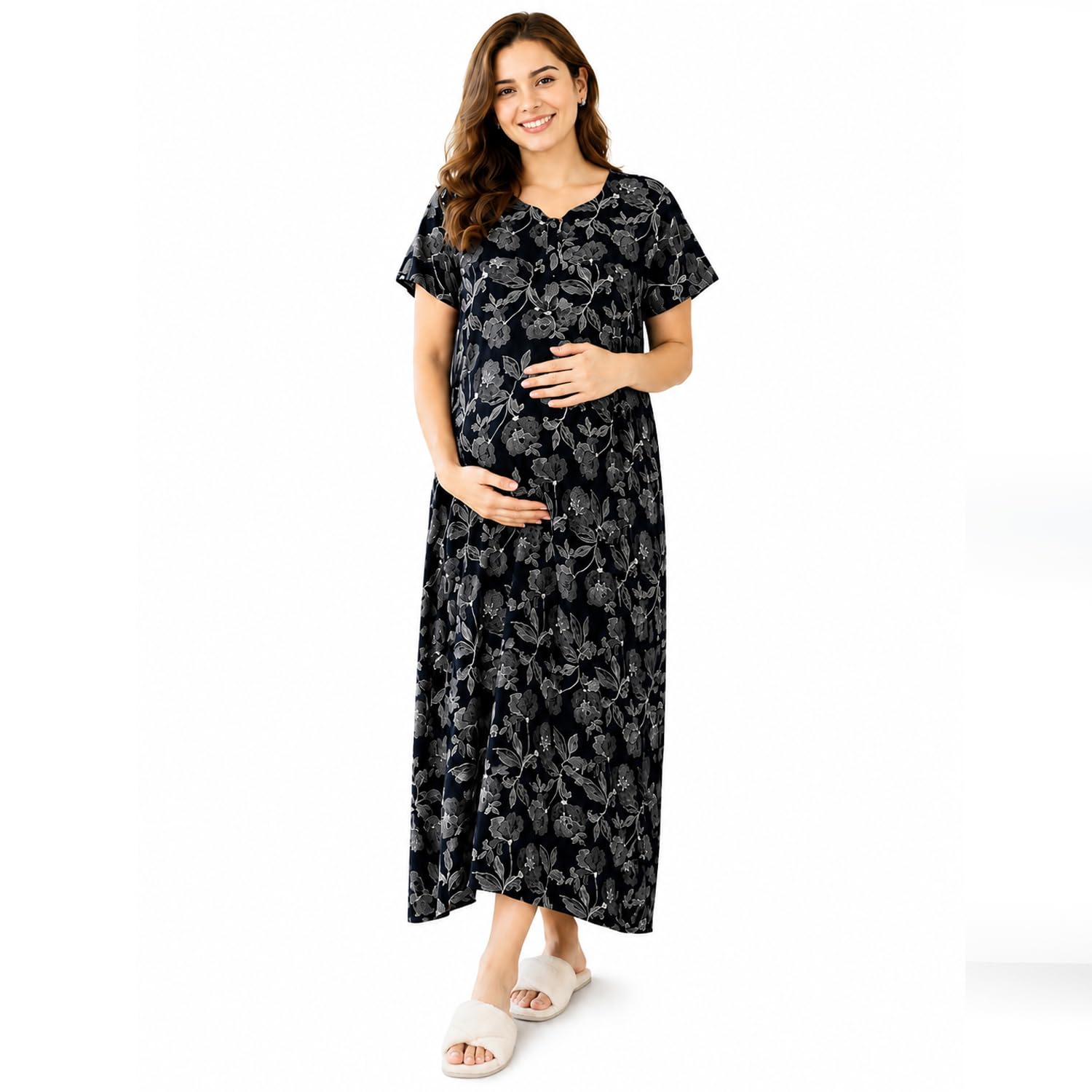 momtobe Women's Cotton Maxi Maternity Nighty/Feeding Nighty/Pregnancy Night Gown/A-Line Nursing Nighty with Zippers for Nursing Pre and Post Pregnancy-picture-19
