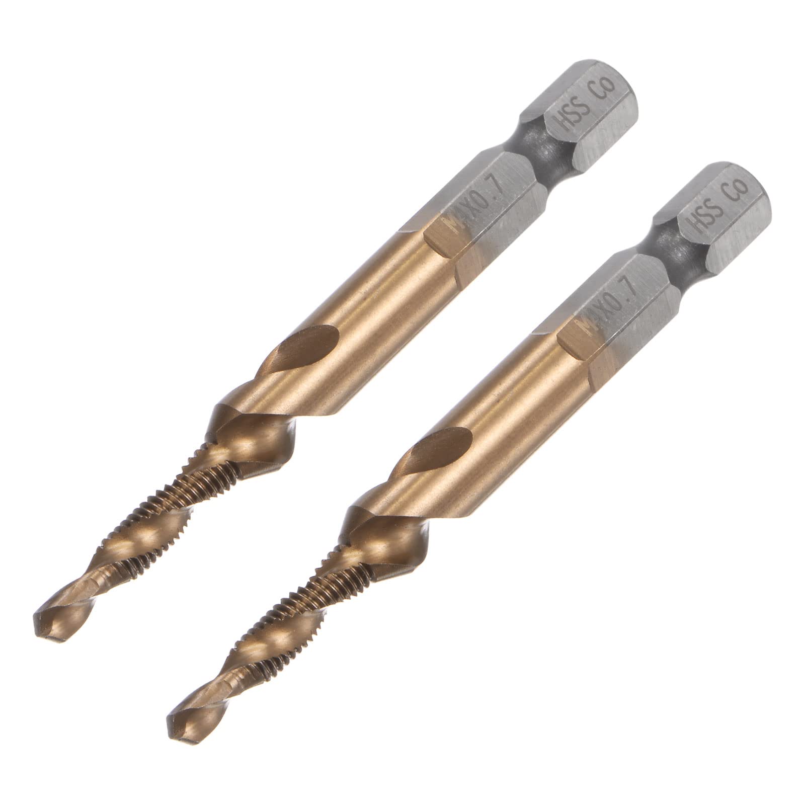 sourcing map Combination Drill and Tap Bit, 1/4" Hex Shank M4 x 0.7 Metric Uncoated M35 Cobalt High Speed Steel Spiral Flute Drilling Tapping Tool 2pcs