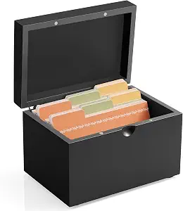 DRASTAR 3x5 Index Card Holder with 45 Dividers, Wooden Organizer Box, Black