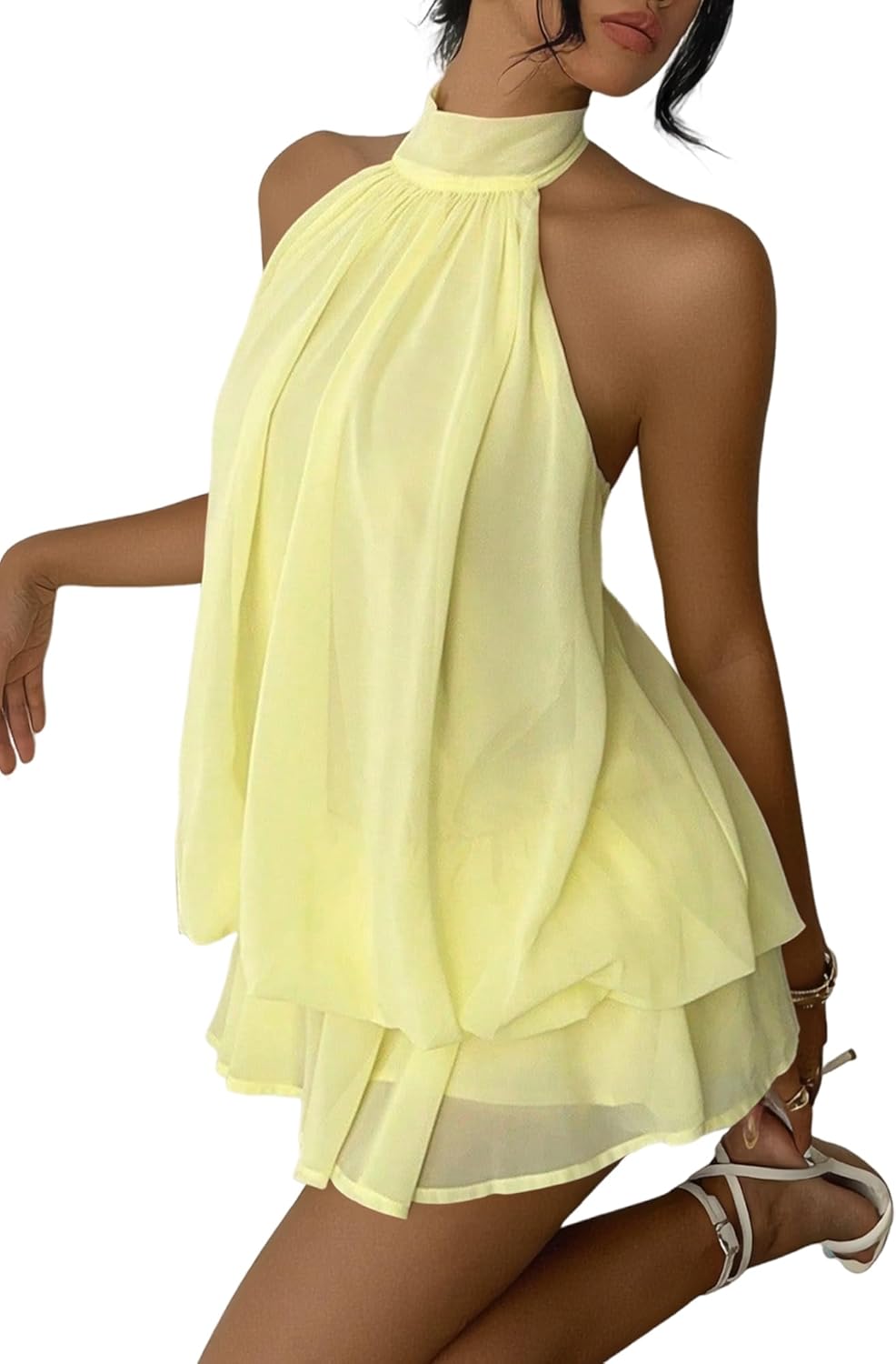 Women's Chiffon Halter Drop Waist Mini Dress Wedding Guest Dresses Ruffle Formal Holiday Club Brunch Outfits - Image 2