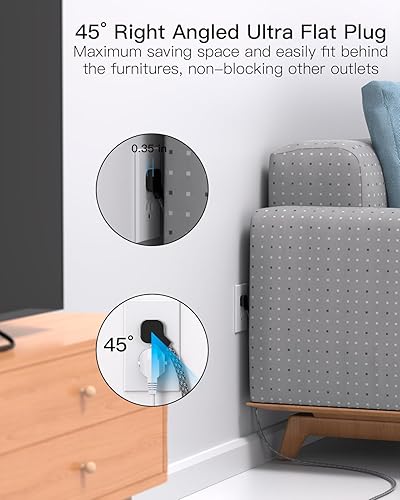 Vista 4 de Regleta protectora de sobretensiones, 6 tomas, 4 puertos de carga USB, cable de extensión trenzado de 5 pies, enchufe plano, protección contra