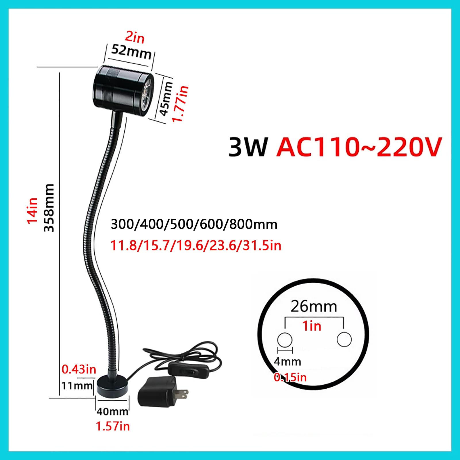 Lampada da Lavoro per Tornio, Lampada Industriale Flessibile a Collo D'oca, 110-220V, per Fresatrici, Trapani a Colonna e Macchine da Cucire(800mm/31.5in)