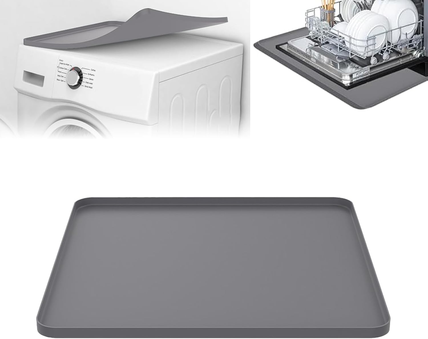 24x20 Inch Dishwasher Drain Pan Washing Machine Pan Mat Soft Foldable Silicone Under Dishwasher Leak Pan Portable Mini Fridge Drip Pan Tray Multi-function Non Slip Waterproof Protector Pad (Gray)