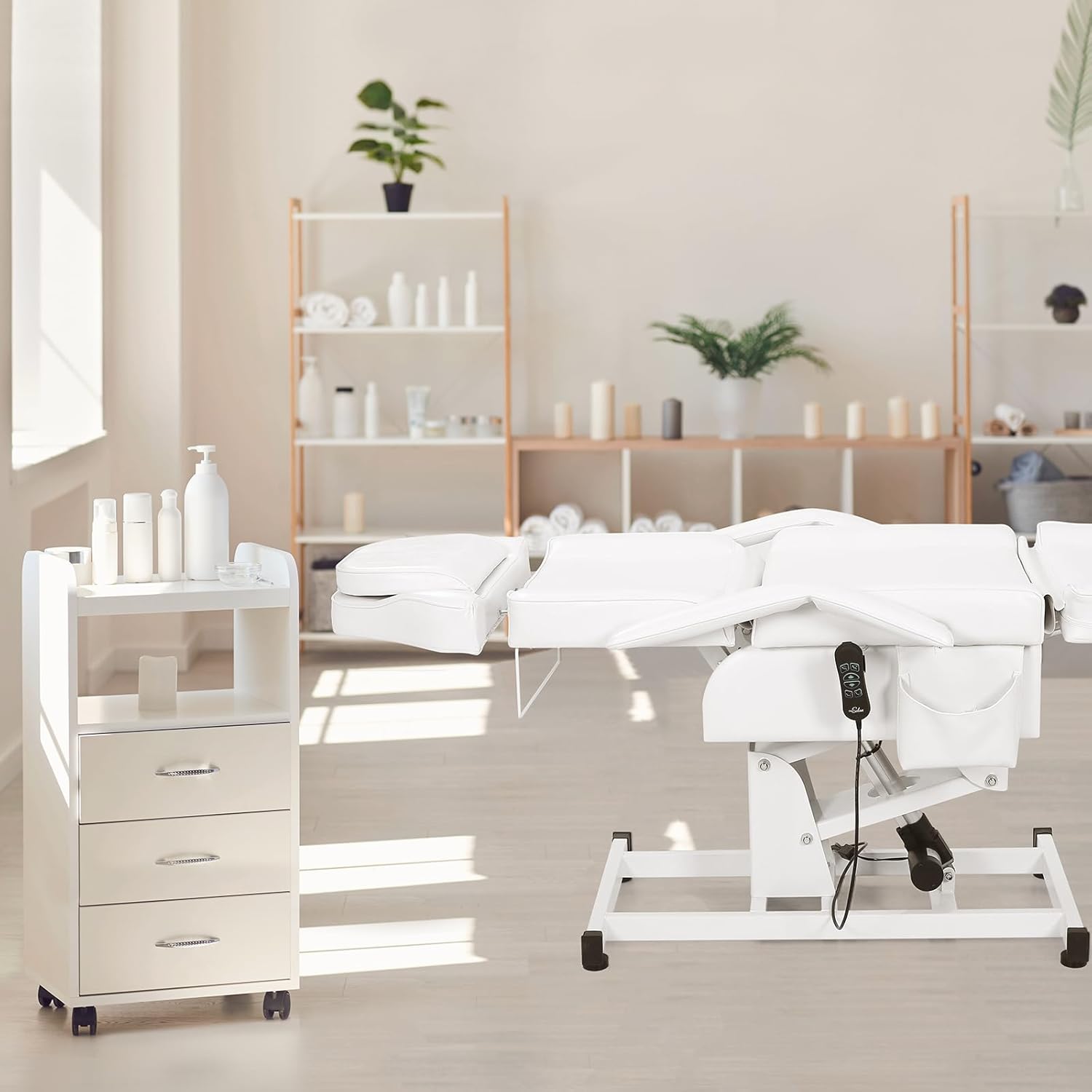 OmySalon Fully Electric Salon Facial Bed Chair, Multi-Purpose Massage Tattoo Lash Waxing Table, Height Backrest Footrest Adjustable, for Beauty Barber Spa (White)