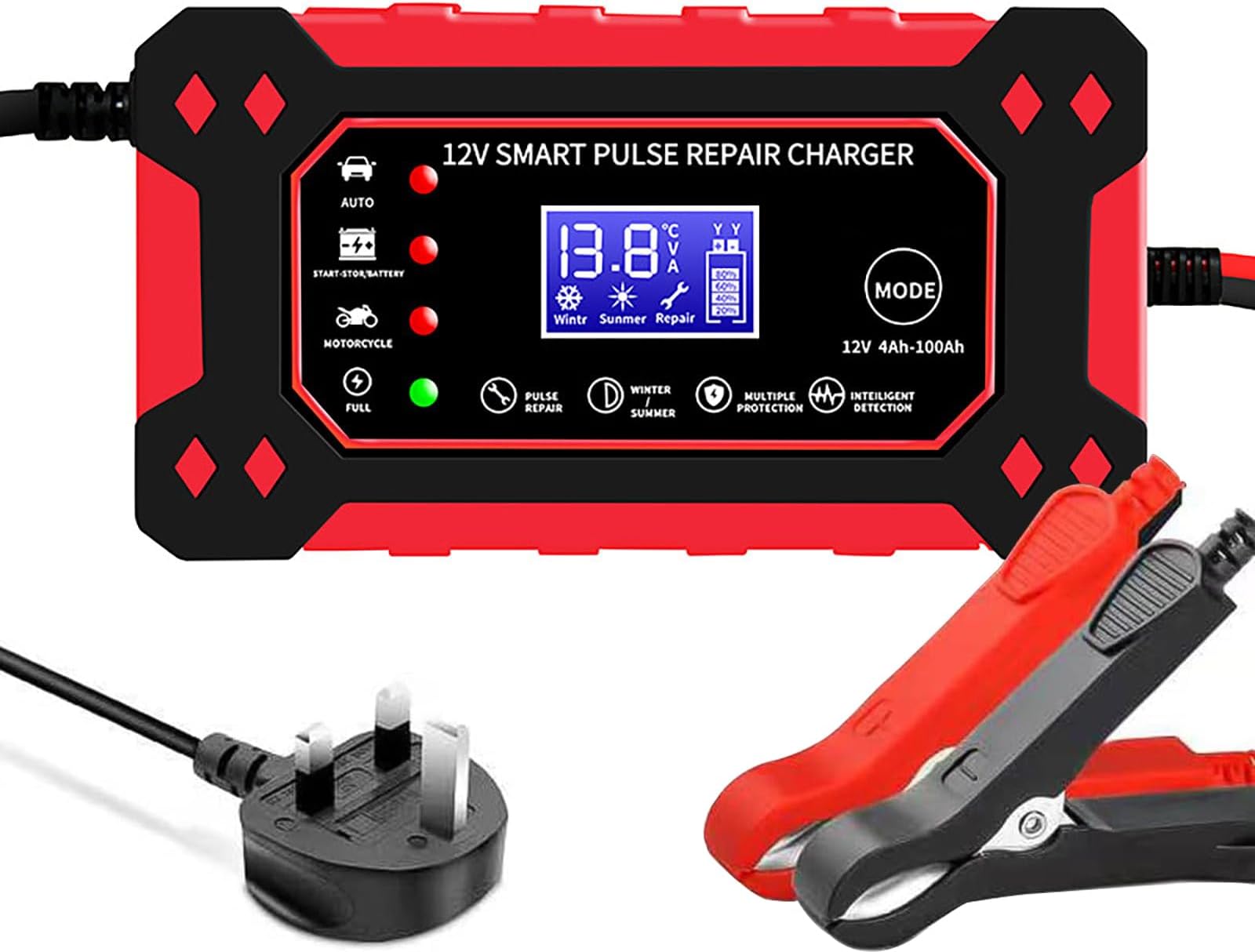 Smart Car Battery Charger with LCD Screen, 12V 6A Car And Motorcycle