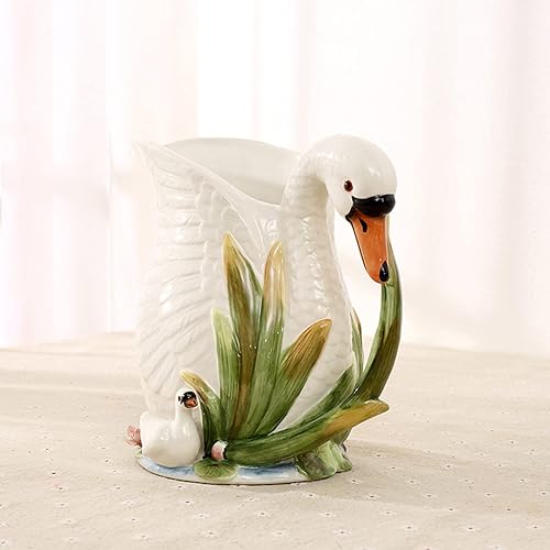 Miniatura 4 de FORLONG Jarra de cerámica para agua, diseño de cisne blanco pintado a mano, soporte para ramo de decoración del hogar, 8 pulgadas de alto
