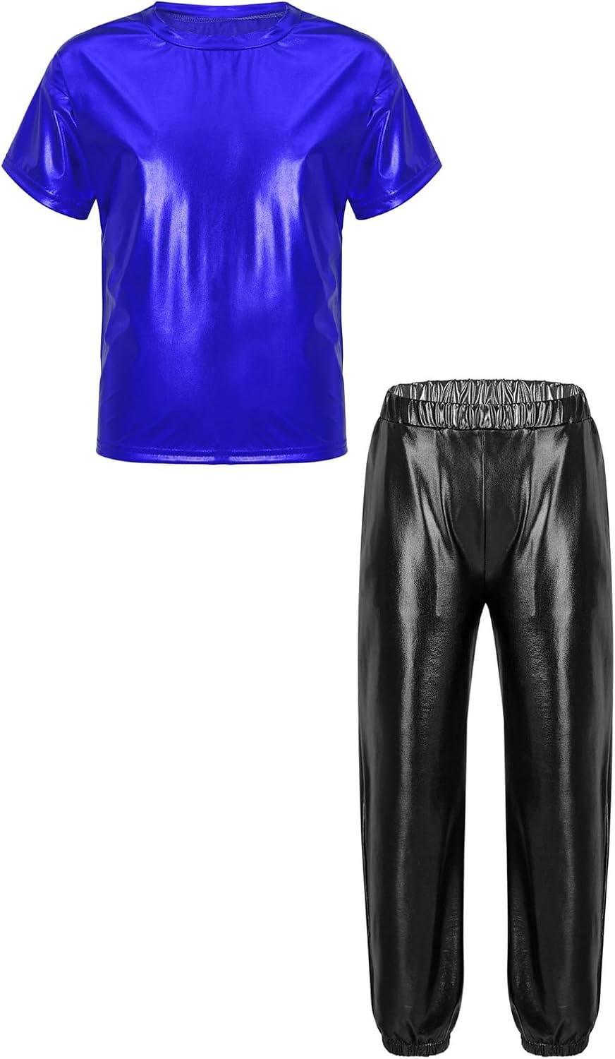 Yhong Kids Girls Metallic Jazz Hip Hop Dance Costumes Short Sleeve Round Neck T-Shirt with Harem Pants Dancewear Set