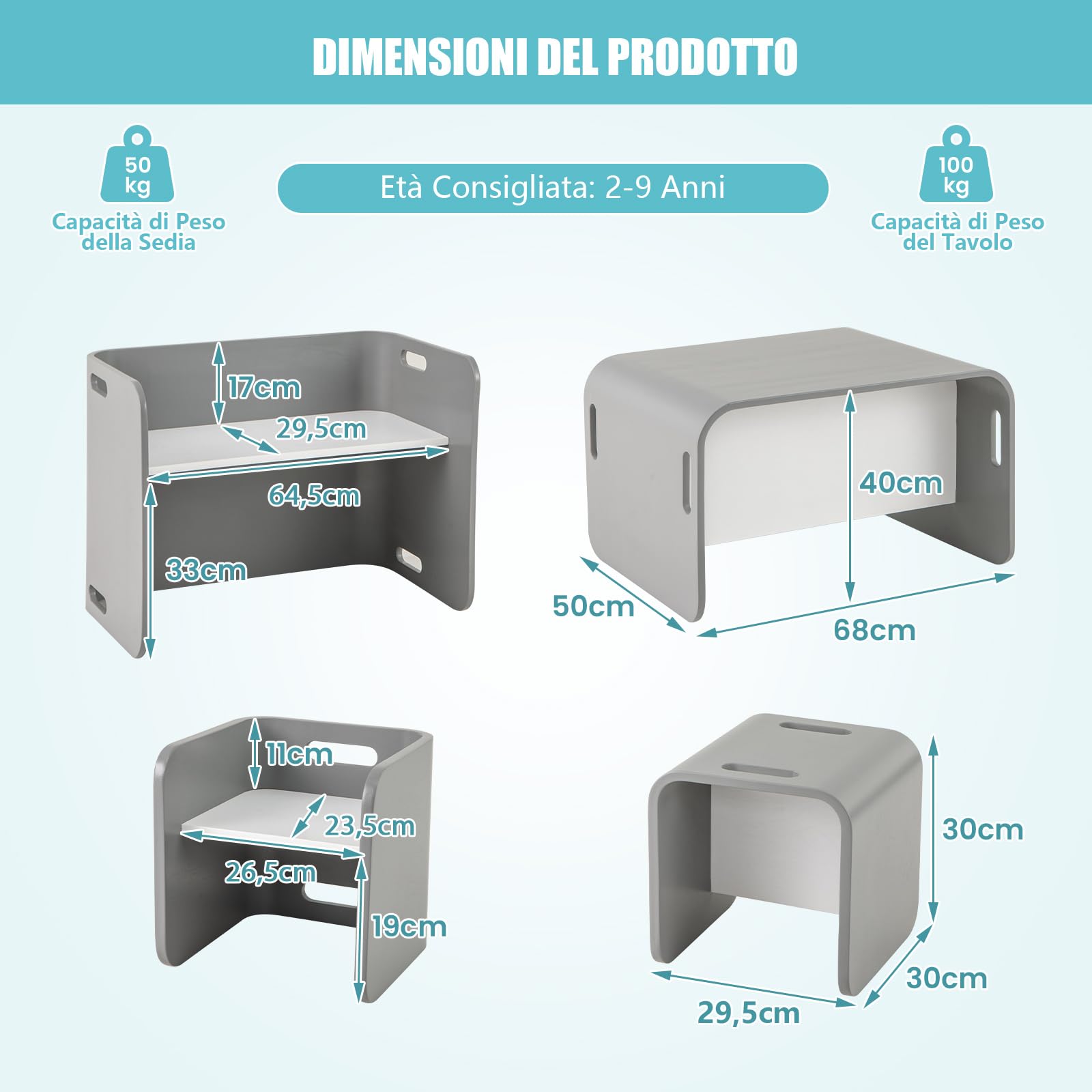 COSTWAY Set Tavolo e 2 Sedie per Bambini 2-9 Anni, Set Multiuso in Legno di Faggio con Maniglie Ergonomiche, Design Salvaspazio, Senza Montaggio, Portata 100 kg (Grigio)