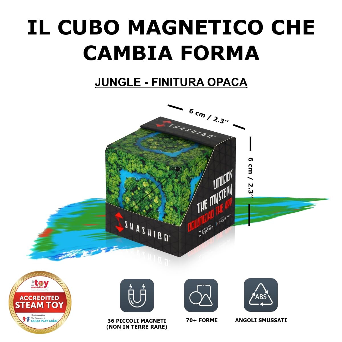 Shashibo Cubo Cambiaforma - Cubo Antistress, Pluripremiato e Brevettato, con 36 Magneti in Terre Rare - Oltre 100 Forme Diverse (Jungle)