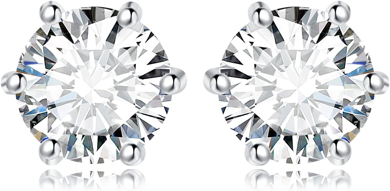 JewelryPalace Round Cut 4-9mm 0.6-6ct Moissanite Solitaire Stud Earrings for Women, 925 Sterling Silver 14k White Gold Plated Earrings for Her, Classic Simulated Diamond Earrings VVS D-F