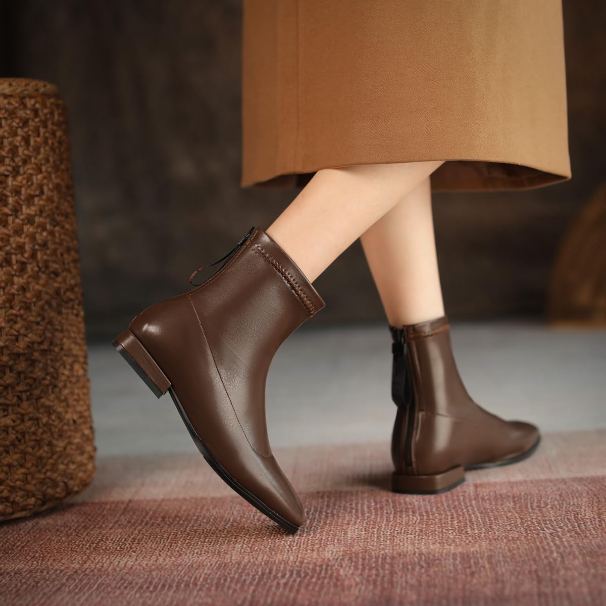 Women's Square Toe Western Flat Chelsea Ankle Boots Zipper Low Heels Stretchy Fall Dressy Short Booties