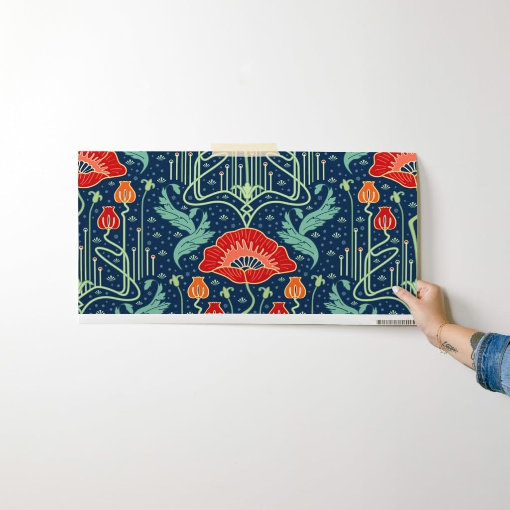 Peel & Stick Wallpaper Swatch - Art Nouveau Poppy Red Whimsical Flower Abstract Floral Flowers Vintage Inspired Poppies Custom Removable Wallpaper by Spoonflower
