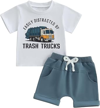 2Pcs Toddler Baby Boy Garbage Truck Outfit Trash Truck Short Sleeve T-Shirt Tops Shorts Set Summer Clothes