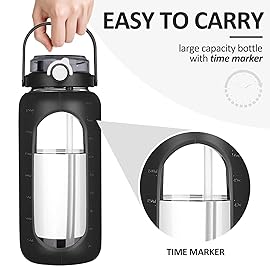 BLUEGO 64oz Glass Water Bottles with Straw Time Marker Half Gallon Large Motivational Water Bottle with Silicone Sleeve 2 Liter Large Glass Water Jug Daily, Black