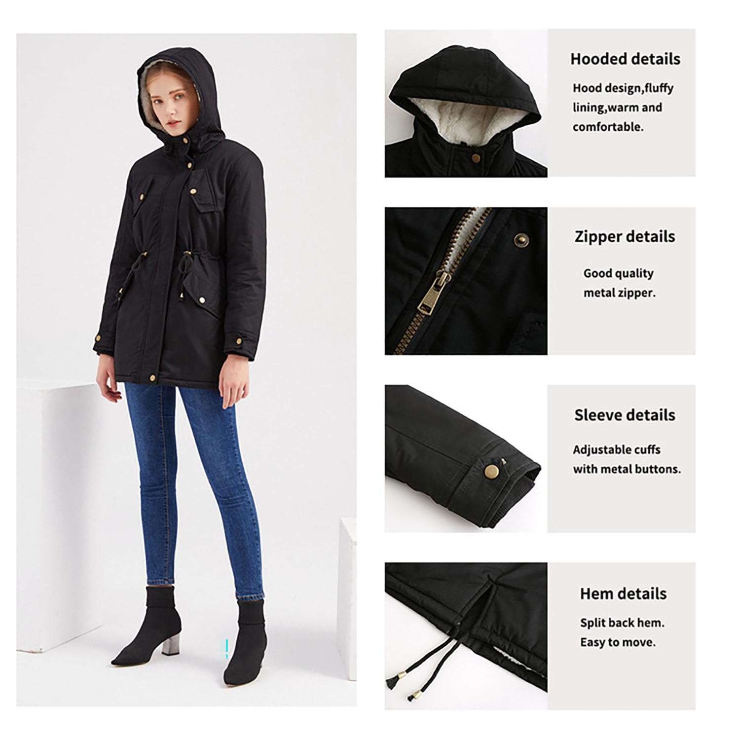 Damen Parka Mantel mit Kapuze Gepolsterte Baumwolljacke Damen Solide Fleece Gefüttert Warme Oberbekleidung für Radfahren, Wandern, Angeln, Bergsteigen,Black,S(Bust:104m)