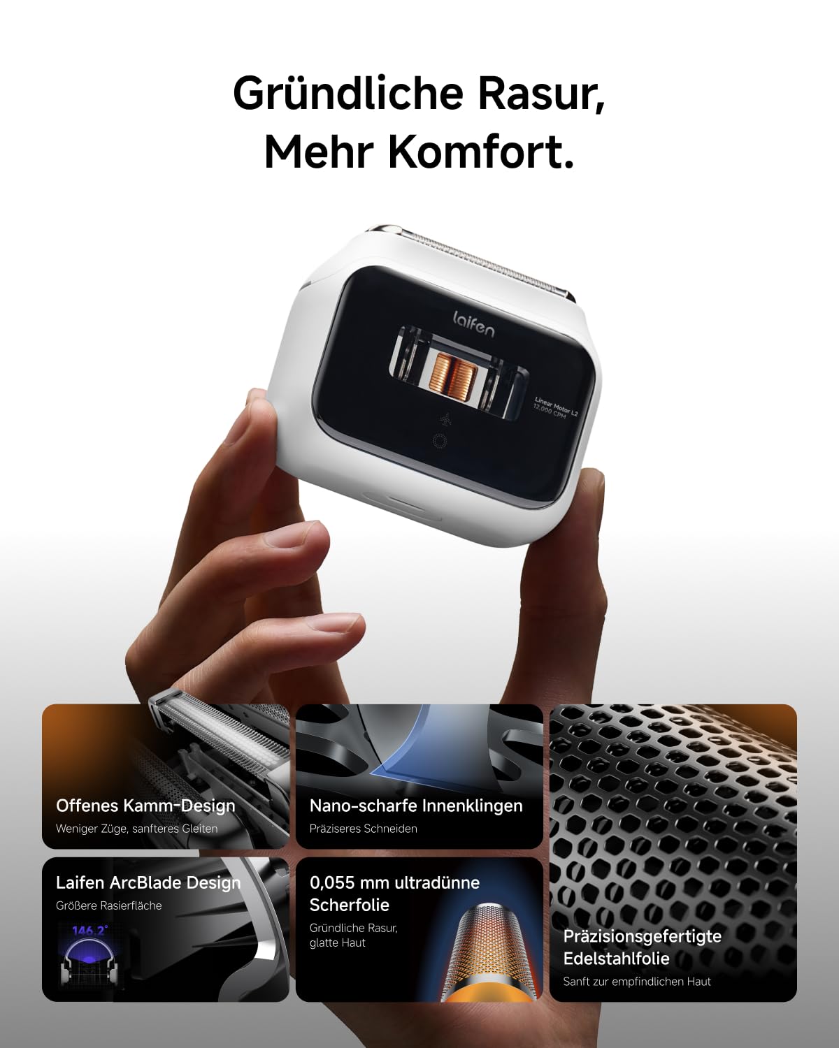 Laifen P3 Elektrorasierer Bundle, 3-Klingen-Folienrasierer, Weiß | 2×12.000 Schnitte/Min. Linearmotoren, Nass- & Trockenrasur, 0,055 mm Scherfolie, 100 Min. Akku, USB-C-Schnellladung, IPX7