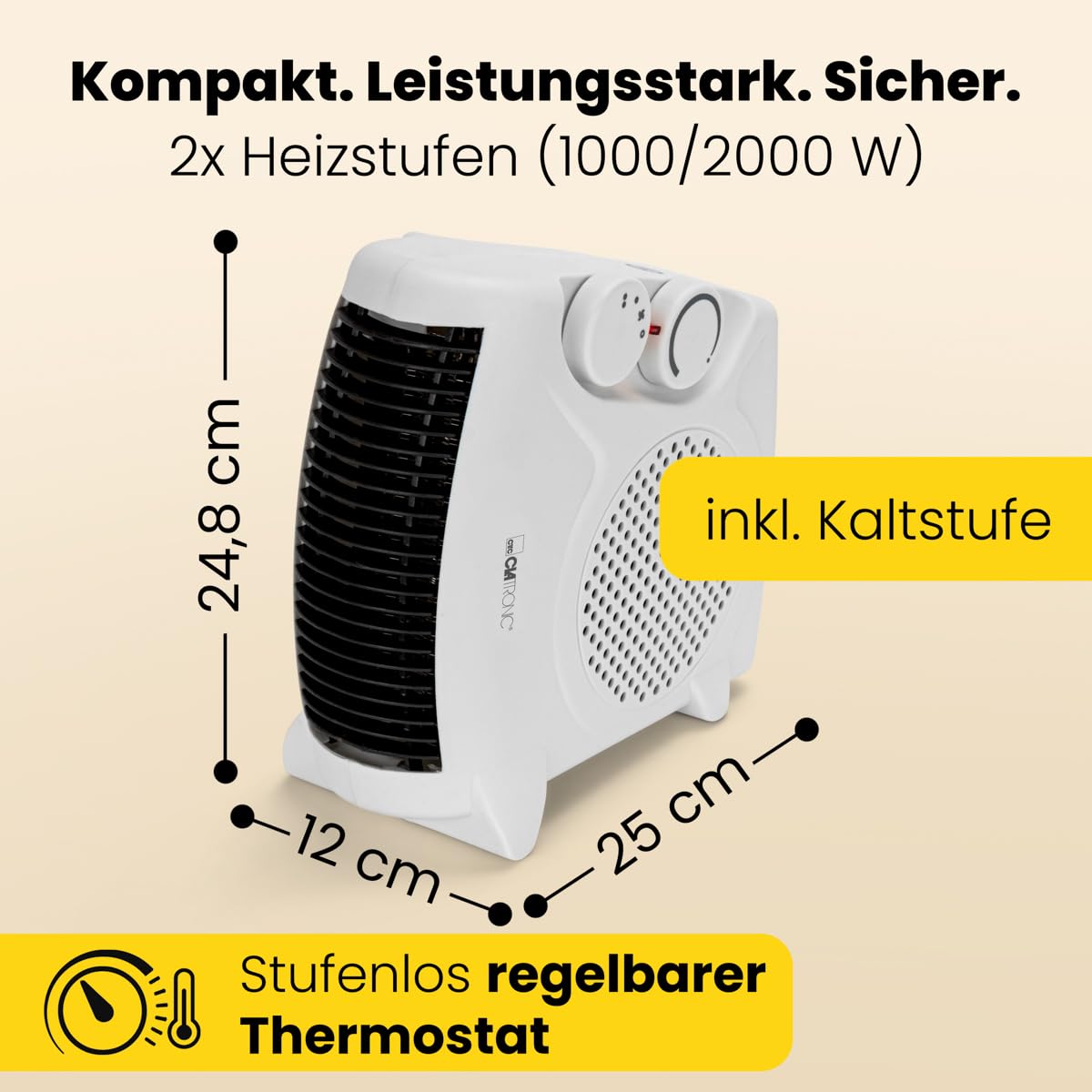 Termoventilatore mobile e compatto Clatronic® | 2000 W e 1000 W | con funzione ventilatore e protezione contro il surriscaldamento | 2 possibilità di installazione | HL 3838