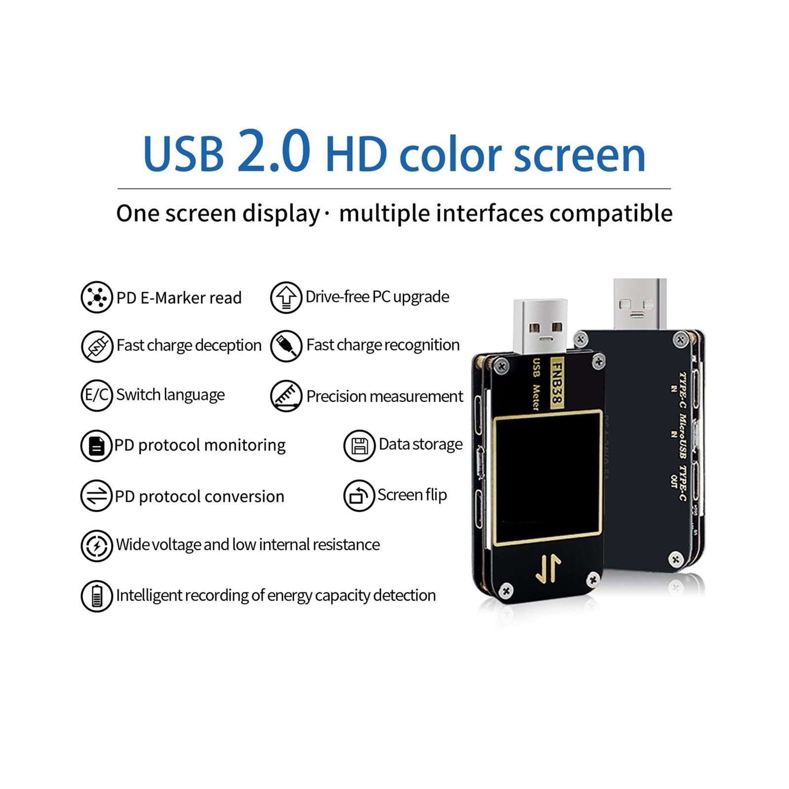 Tester USB FNB38 Miernik prądu i napięcia Tester USB QC4 + PD3.0 2.0 PPS Protokół szybkiego ładowania Test pojemności