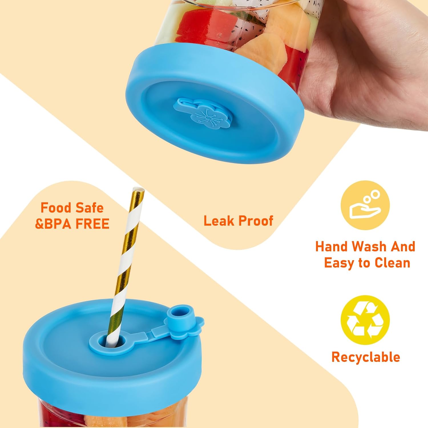 Teenyyou 6 Pcs Silicone Mason Jar Lids with Straw Hole for Wide Mouth Mason Jar Thickened Leak Proof Lid for 86 mm Reusable Large Canning Jars Caps(Classic)