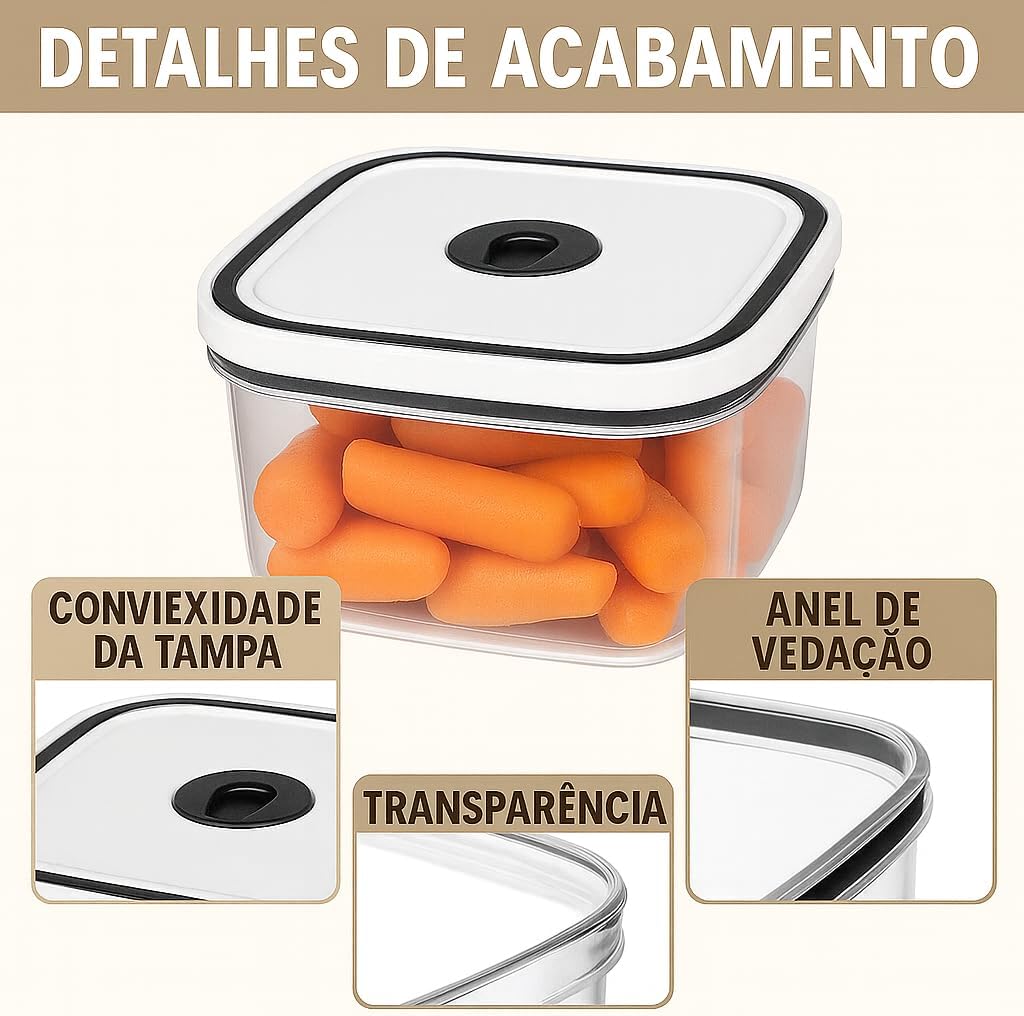 Kit 5 Potes Herméticos Plástico Transparente com Tampa Vedação – 360ml, 650ml, 1000ml, 1800ml e 2300ml – Freezer, Micro-ondas e Lava-louças