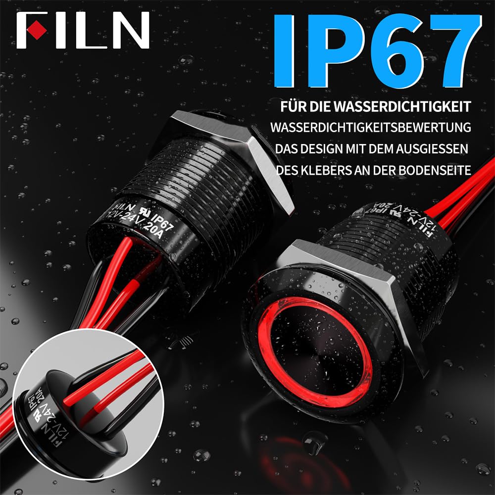 2Stück 19mm LED Schalter vorgegattert mit Kabel，12-24V DC IP67 Ein/Aus Schalter mit 185 Symbolen，für Beleuchtung, Stromversorgung & Industrieanlagen（Rot LED，1CH）