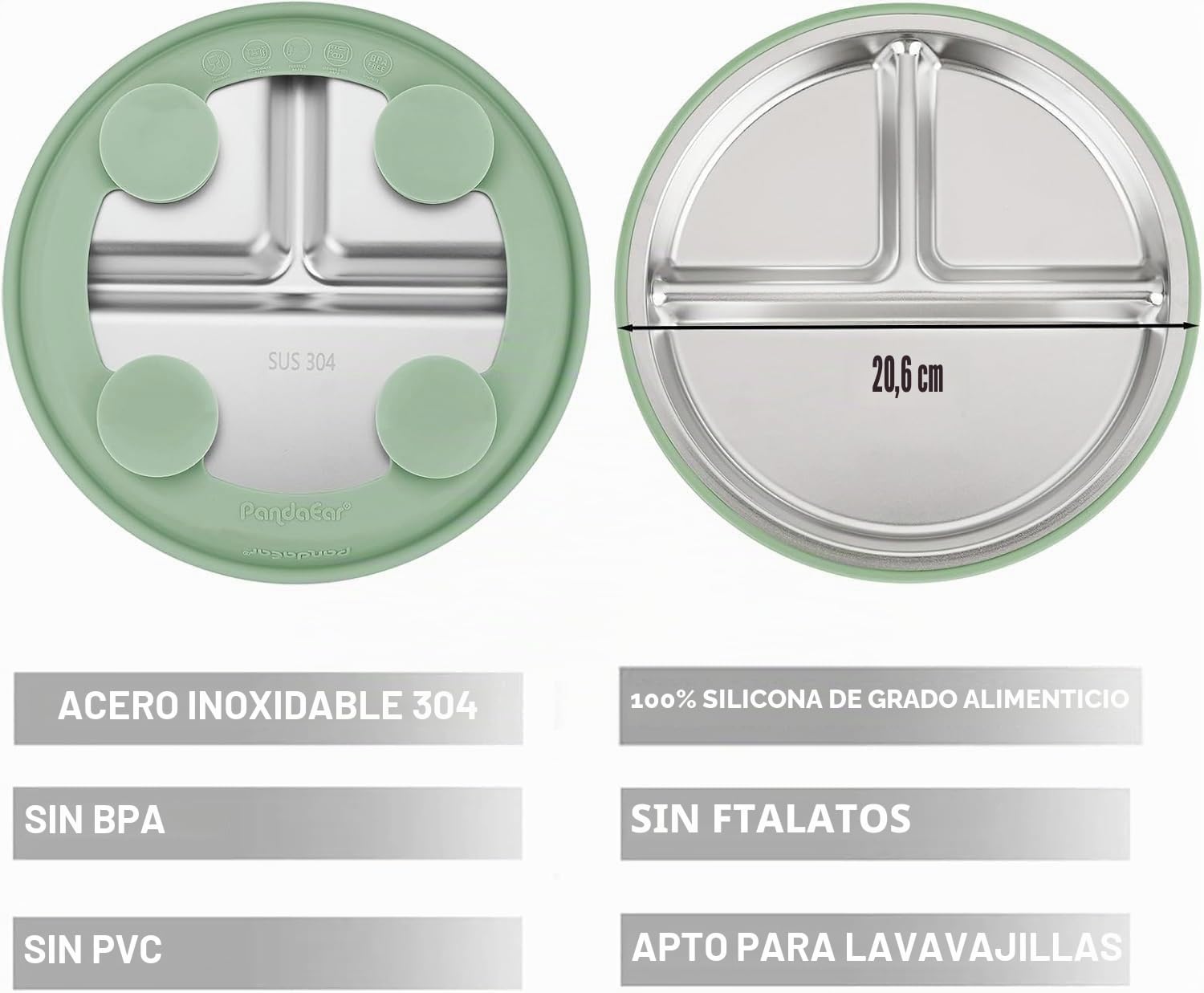 PandaEar Platos con Ventosa de Acero Inoxidable para Bebé Pack de 3 | Pack de 3 platos con ventosa, Con tapas, De acero inox y silicona, Sin BPA, Aptos para lavavajillas.