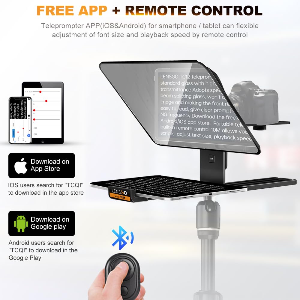 LENSGO TC12 Teleprompter para cámara DSLR/sin espejo y tablet de hasta 12,9 pulgadas. Teleprompter profesional para grabación de vídeo, vlogging, transmisión en directo.
