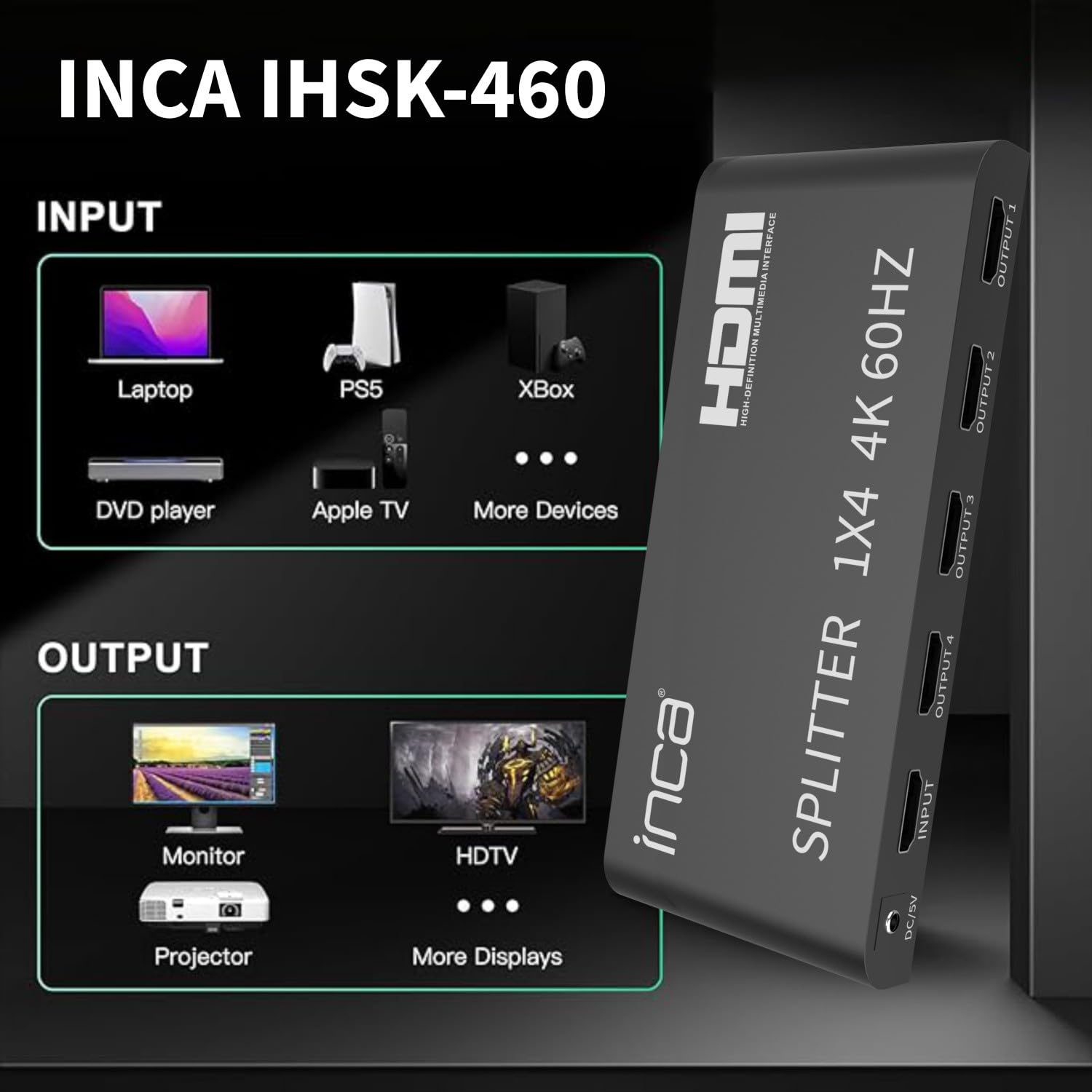 inca IHSK-460, HDMI Splitter, 1 In 4 Out 4K@60Hz, HDMI 2.0, HDCP 2.2, HDR & 3D, 1x4 Splitter, 4 Port für PS5, Xbox, Fire TV, Beamer