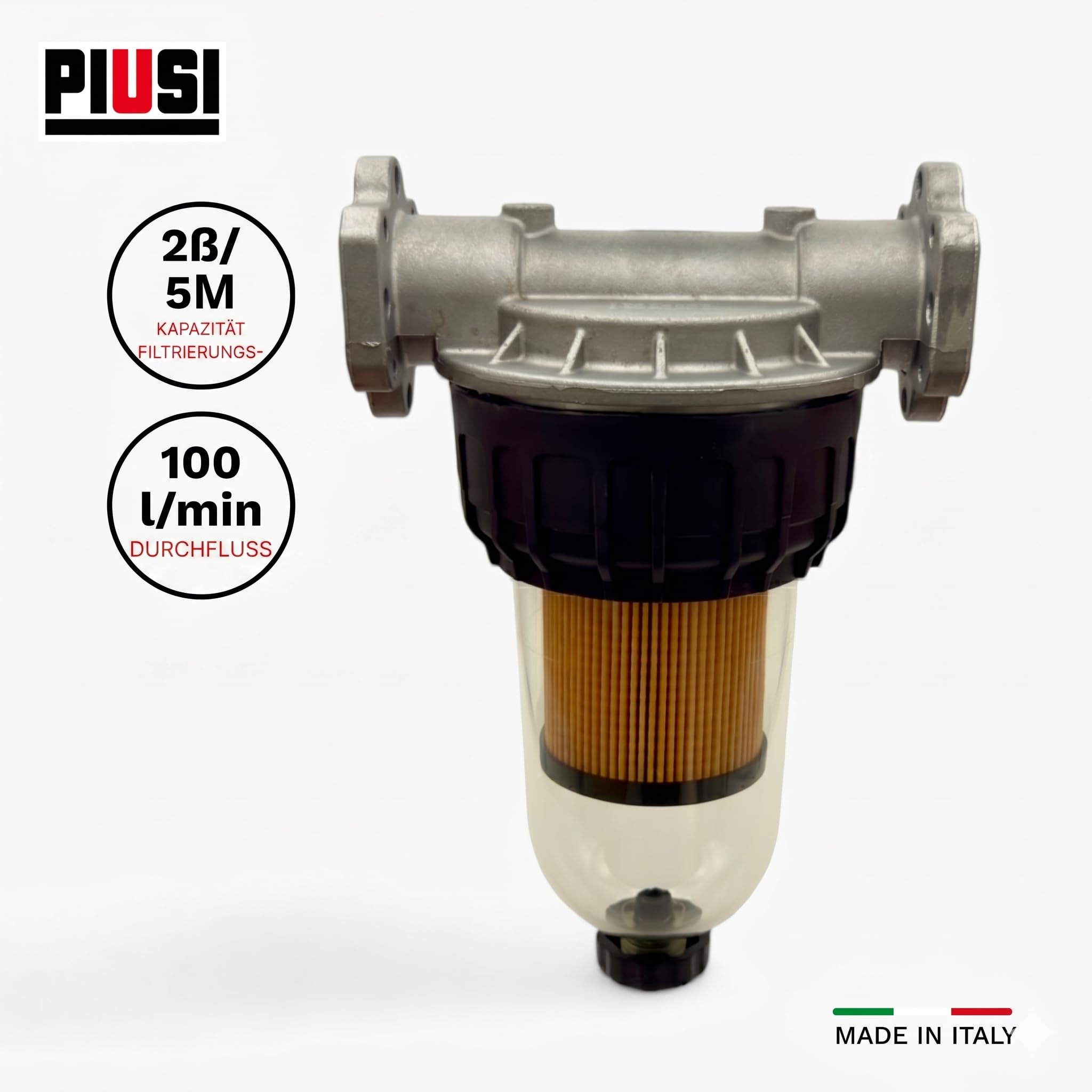 PIUSI Diesel-, Benzin- und Ölfilter mit austauschbarer Patrone, Komplettset Kopfstütze + 2x Patronen, Durchflussrate 100 l/min, Druck 5 bar, 5 Mikron Filterung | Clear Captor F00611B00