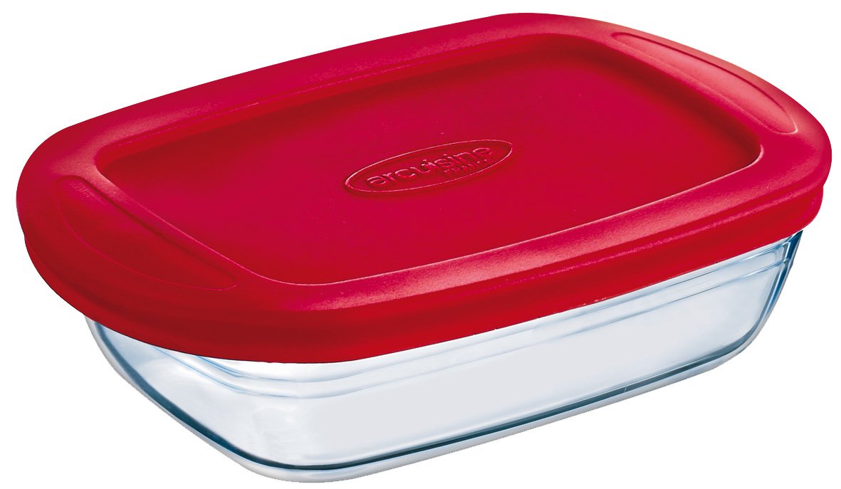 OCUISINE Cook&Store Rectangular Container, 28 x 20 x 8 cm / 2.6 L, Transparent + Lid, Red