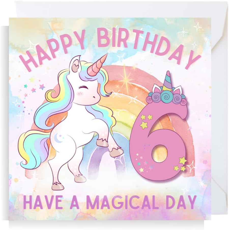 Second Ave Cute Pink Unicorn 6th Birthday Age 6 Square Birthday Greeting Card for Girl