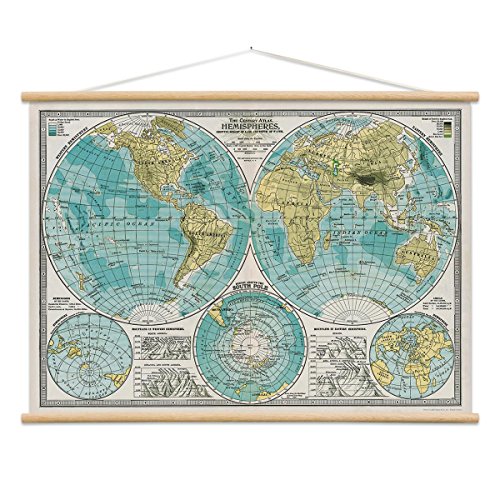 World Hemispheres Map Poster Hanger Kit Atlas Vintage Style 28 x 20