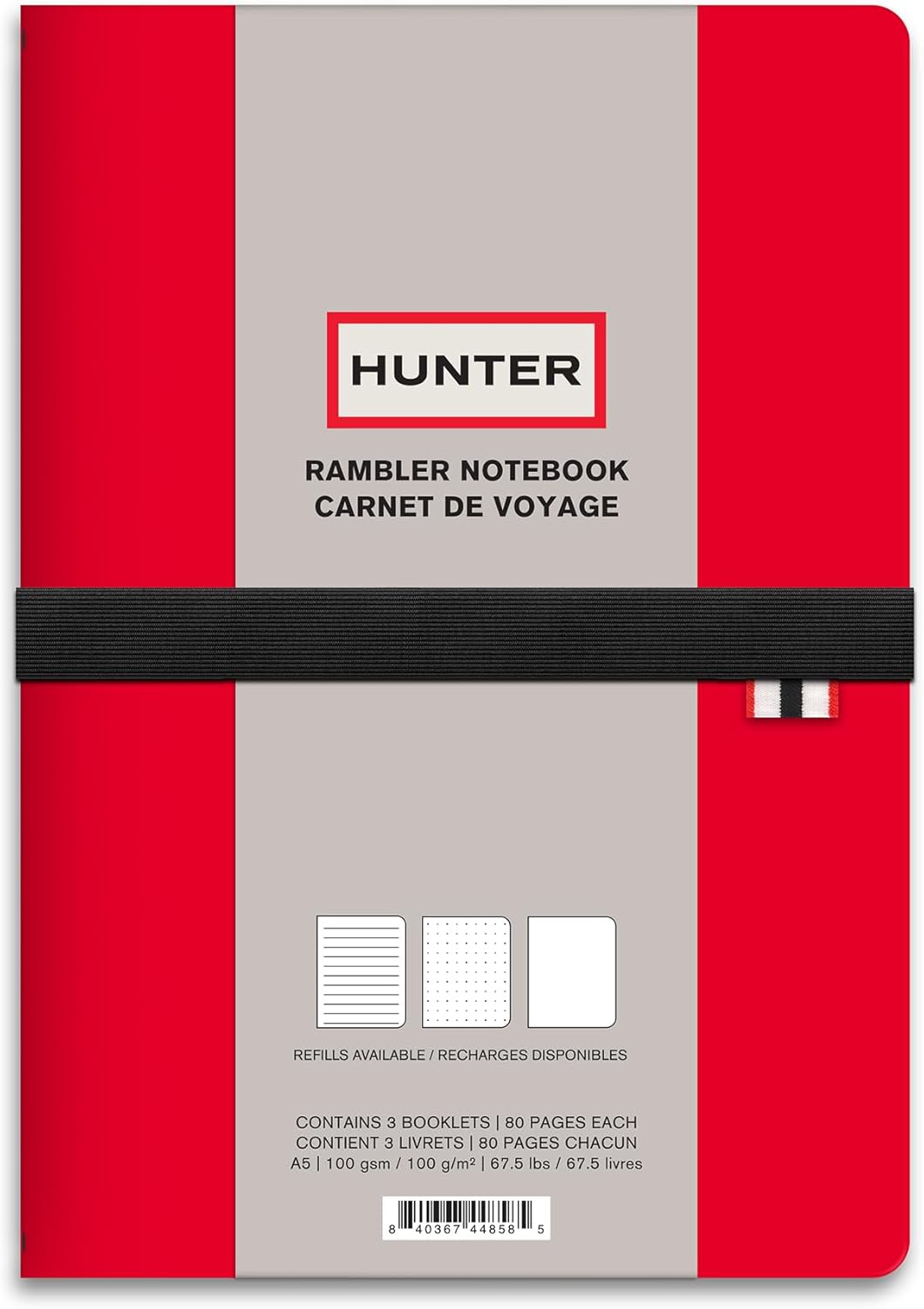 Hunter - Rambler Refillable Notebook, 8.6” X 6” Book with 3 A5 Booklets, 80 Pages Each of Lined Paper, Dot Grid, & Blank Pages for Drawing or Journaling, Elastic Band & Inside Pocket, Hunter Red