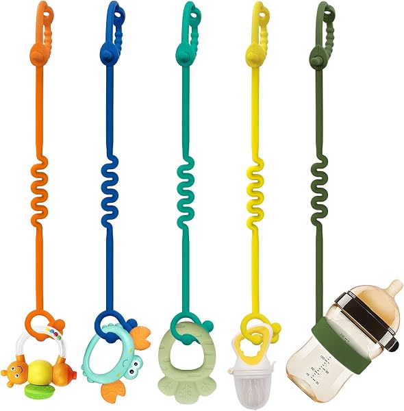 Cinghie per giocattoli per bambini – Confezione da 5 regolabili catenella ciuccio e cordino ciuccio per passeggini, seggioloni, culle, silicone alimentare, senza BPA, multicolore - 1