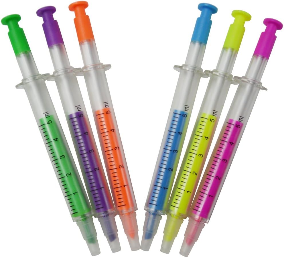 Bokit 2 In 1 Syringe Highlighters Fluorescent Pen, Syringe Pens, Ballpen, 6 Colors 30pcs
