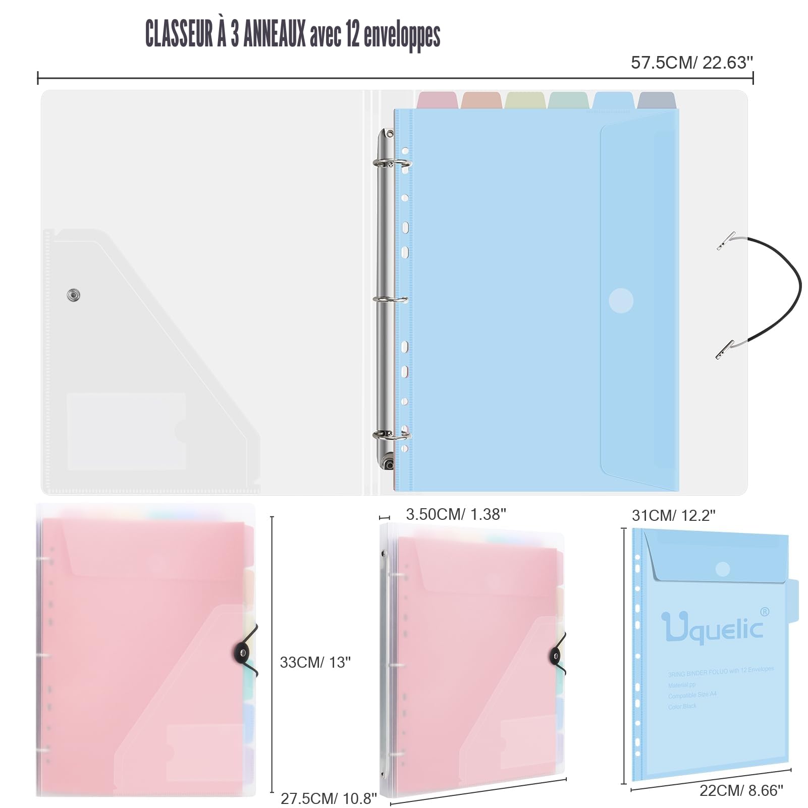 Uquelic Classeur avec Pochettes Perforées pour Documents Format A4 - Pochette Plastique, Trieur Document Pochette Plastique A4 avec Rabat - Maison/Bureau (Transparents Macarons)