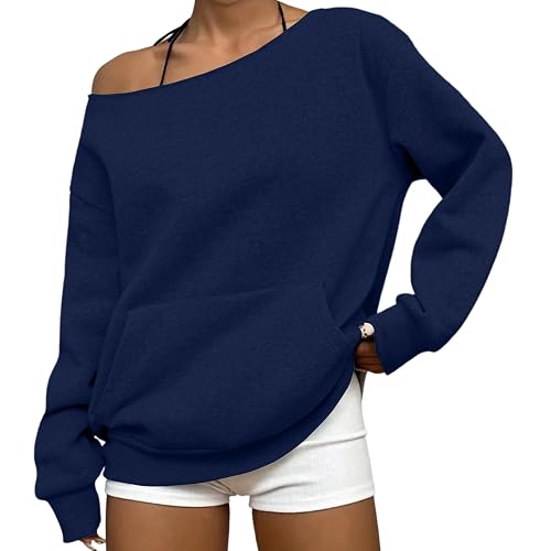 Rikbuig Women Off the Shoulder Sweatshirt Oversized Plain Pullover Sweatshirts with Pocket Cute Y2k One Shoulder Tops
