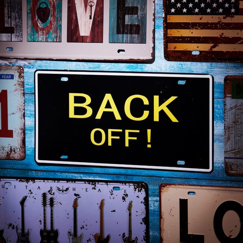 Image of Back-off Multipurpose Metal Vintage Tin sign Boards Retro License Plate Vanity Gift Decorative Car Tag, Truck Front Plate Wall Art Design Number Plaque for Cafe, Living Room