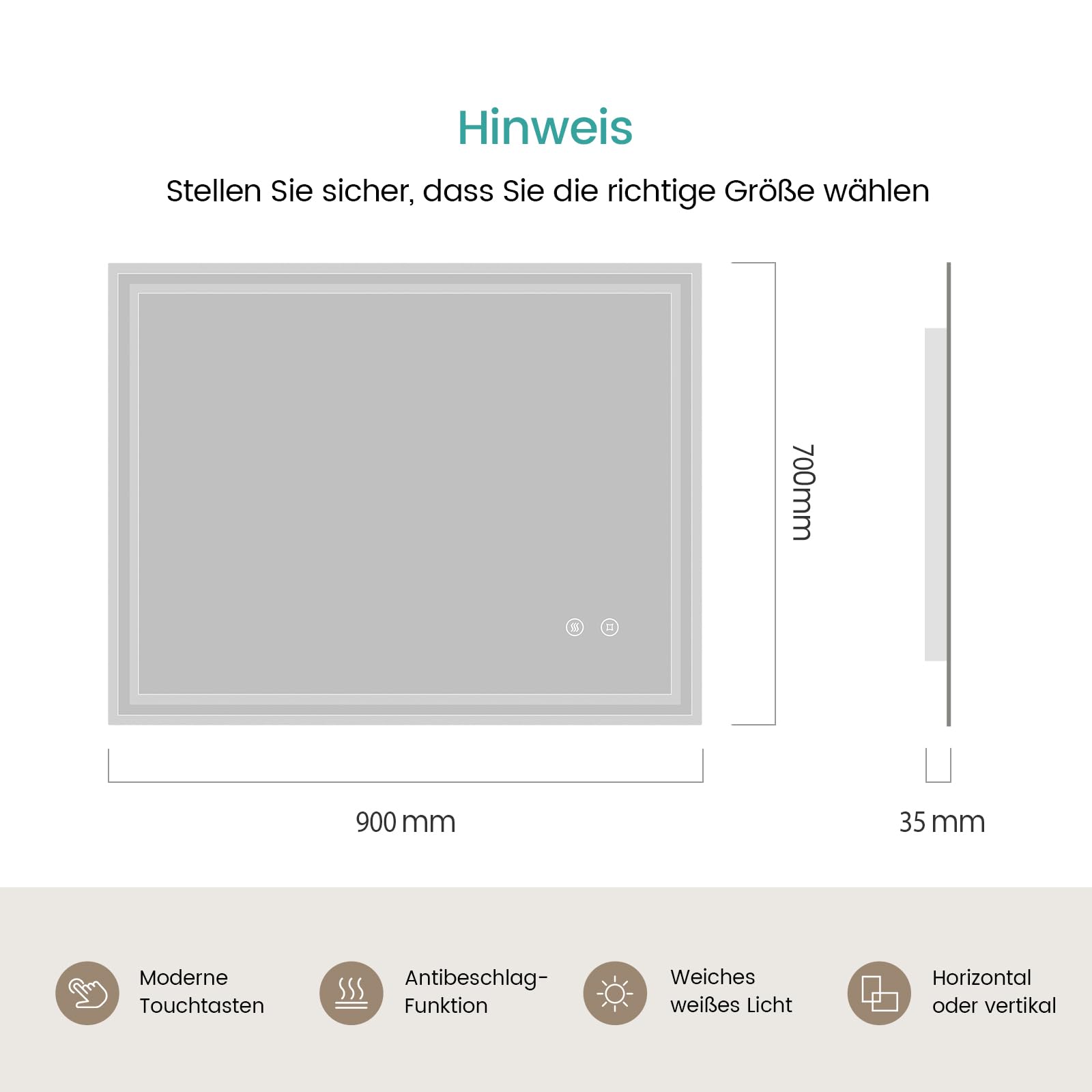 EMKE Badspiegel mit Beleuchtung 90x70cm, Badezimmerspiegel mit Touch, Antibeschlag, Kaltweiß Licht dimmbar, Speicherfunktion und automatischer Abschaltung nach 3 Stunden, ideal für Badezimmer