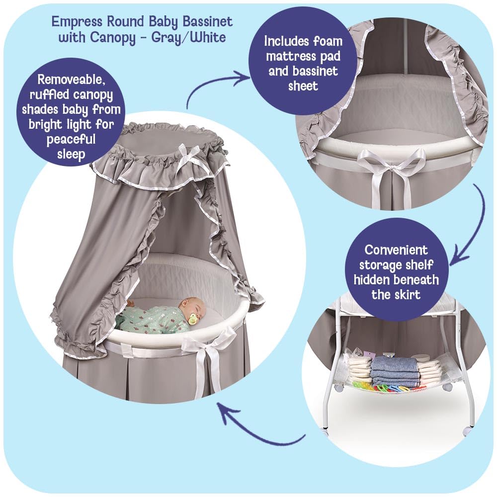 Badger Basket Empress Canopy Bassinet - Round Rocking Baby Cradle with Locking Wheels Mattress Bedding and Storage Basket - 2-in-1 Bedside Sleeper - GrayWhite product thumbnail 4