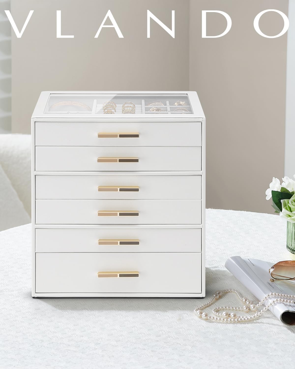 VLANDO 6 Layer Jewelry Box for Women, Glass Lid Jewelry Organizer with 6 Drawers for Necklaces Rings Earrings Bracelets - White - Image 3