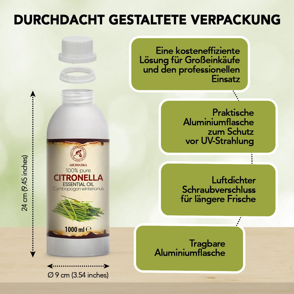 Ätherisches Citronellaöl 1000 ml - Cymbopogon Winterianus - Reines Ätherisches Citronella Öl - für Diffusers und Duftlampen - für Aromakerze - Frischer Duft - Lufterfrischer - Aromatherapie